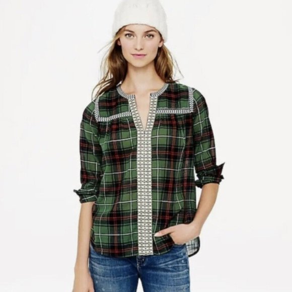 J. Crew 07599 Green Holiday Tartan Plaid Embroidered Popover V Neck Blouse 0 - Picture 2 of 14